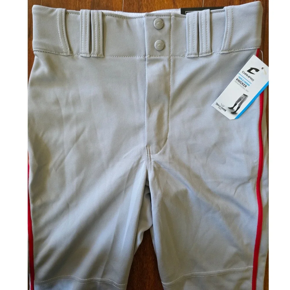 Champro Triple Crown Knicker Youth LARGE Baseball Pants Grey Scarlet Red Pipe